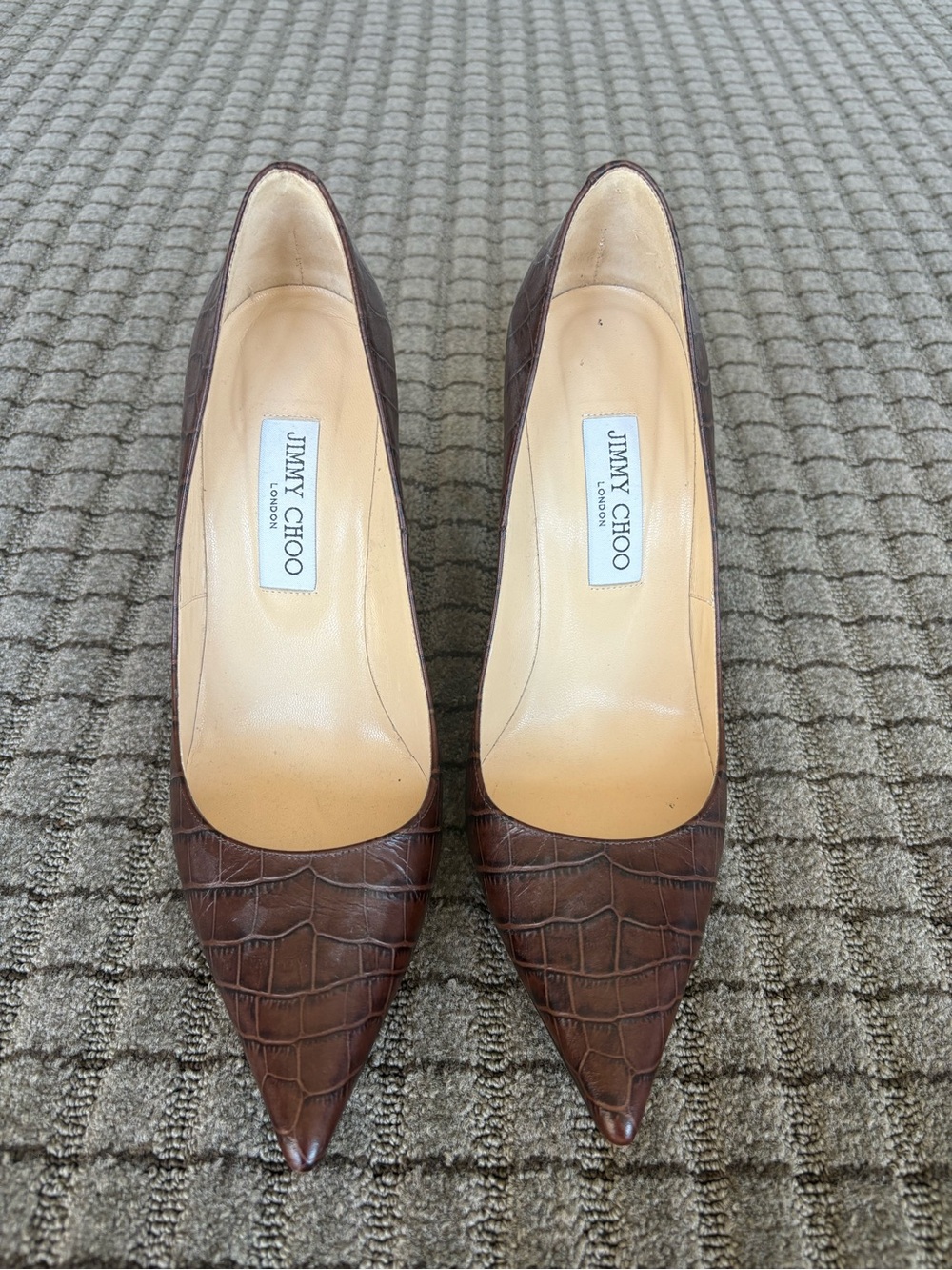 Jimmy Choo London Brown Croc Embossed Leather Pointed Toe Pumps Heels